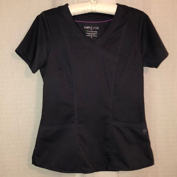 Healing Hands S Purple Label Charcoal Gray V Neck Two Pocket Scrub Top - Picture 1 of 11